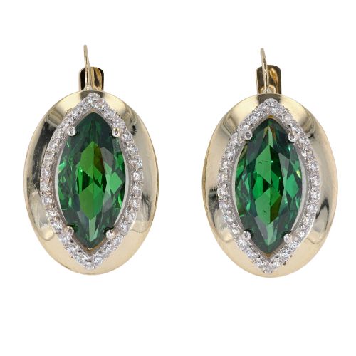 14ct Yellow and White Gold Cubic Zirconia and Green Gemstone Earrings