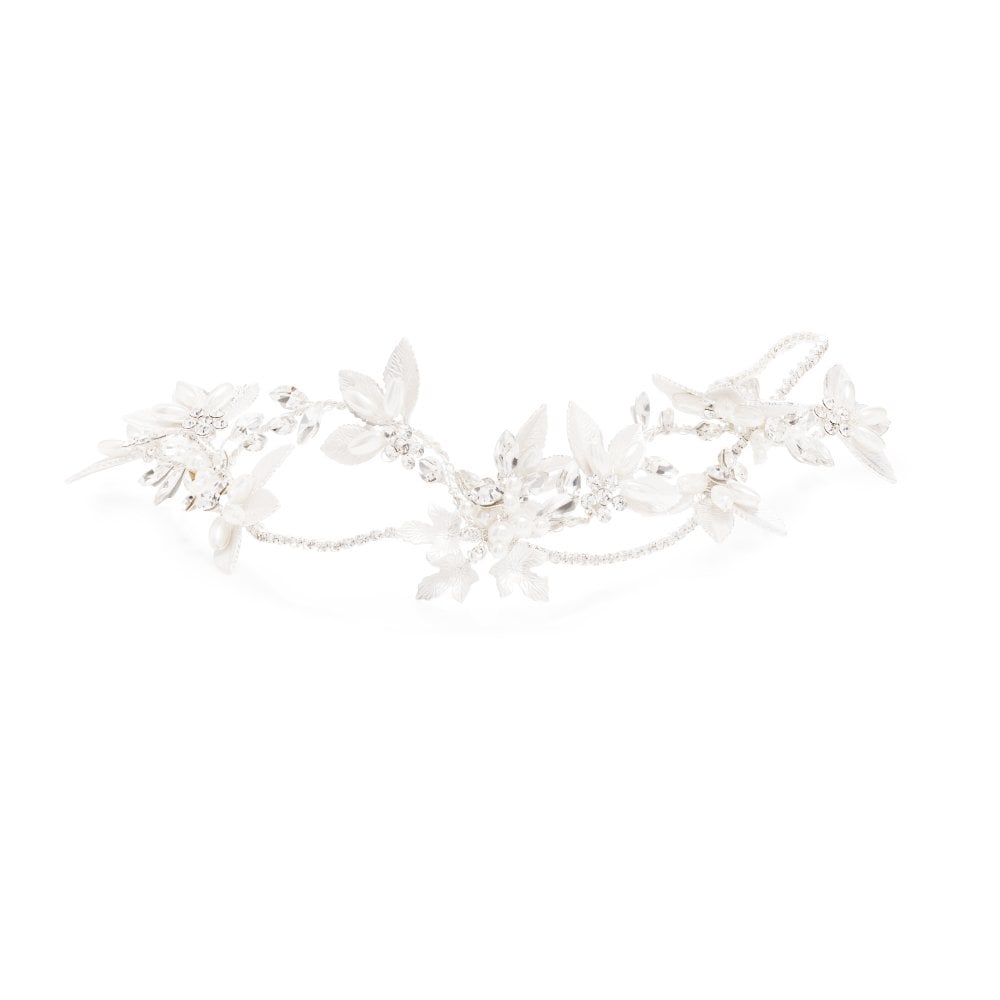 Gloria Silver Plated Cross Over Brushed Leaf And Pearl Hair Vine - Gift Pouch