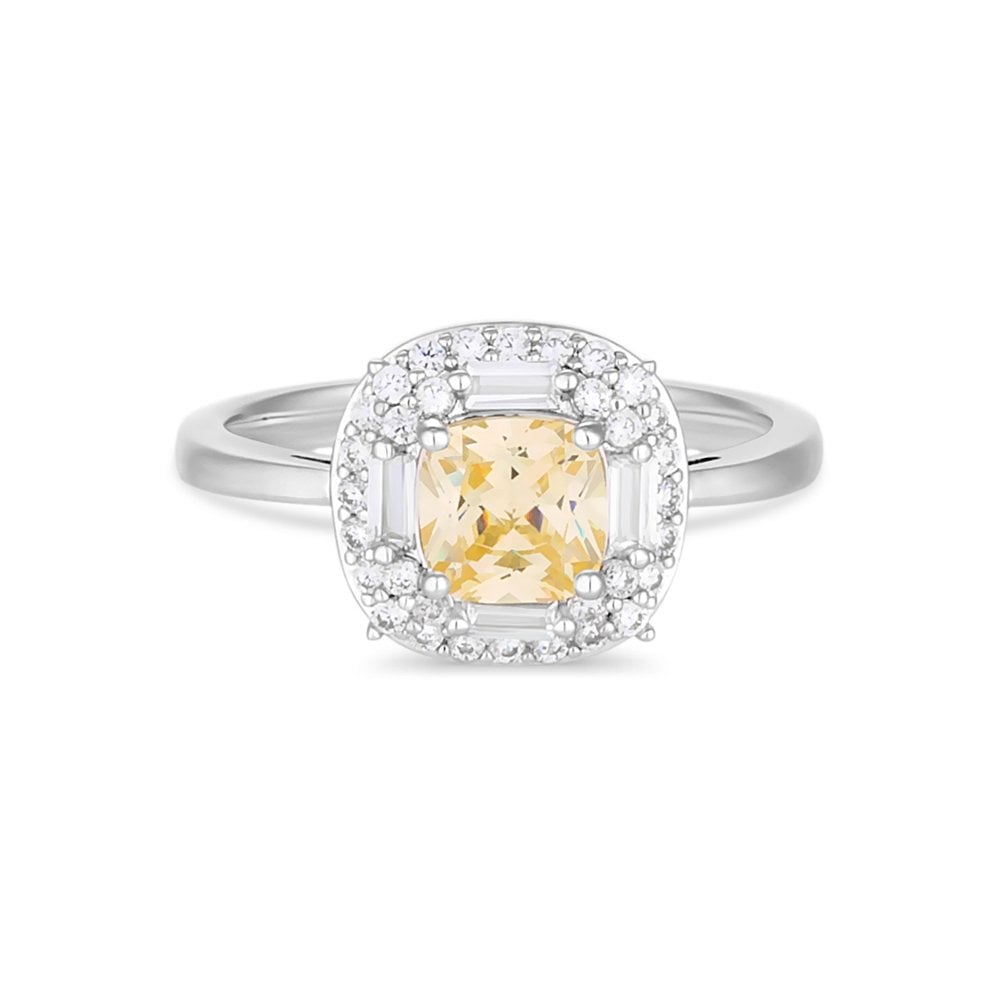 Jon Richard Rhodium Plated Canary Yellow Cubic Zirconia Emerald Cut Halo Ring