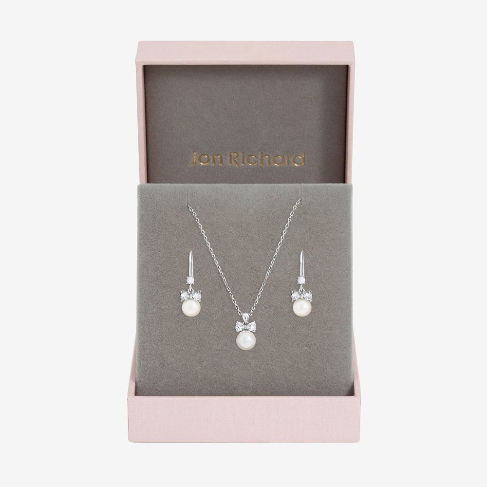 Jon Richard Rhodium Plated Crystal Bow and Pearl Drop Set - Gift Box