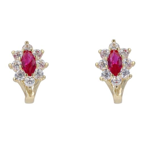 14ct Yellow Gold Flower Cluster Cubic Zirconia And Red Stone Set Earrings