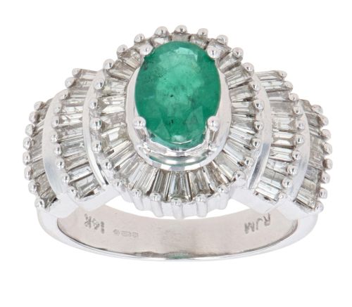 14ct White Gold 1.25ct Baguette Cut Diamond And Emerald Cluster Ring