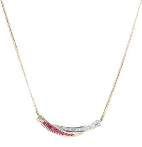 14ct Yellow And White Gold 0.10ct Diamond And Created Ruby Pendant And Chain 18"