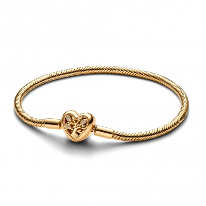Pandora 14k Gold-Plated Family Tree Heart Clasp Snake Chain Bracelet