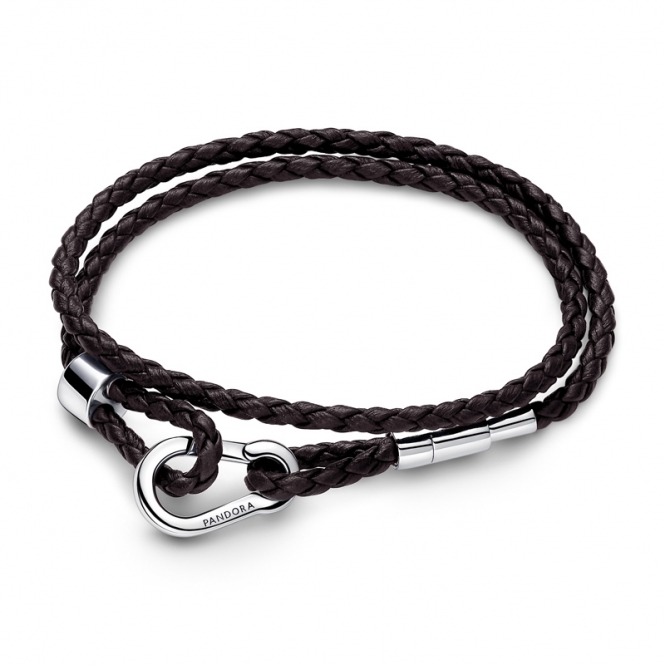 Pandora Moments Brown Braided Double Leather Bracelet