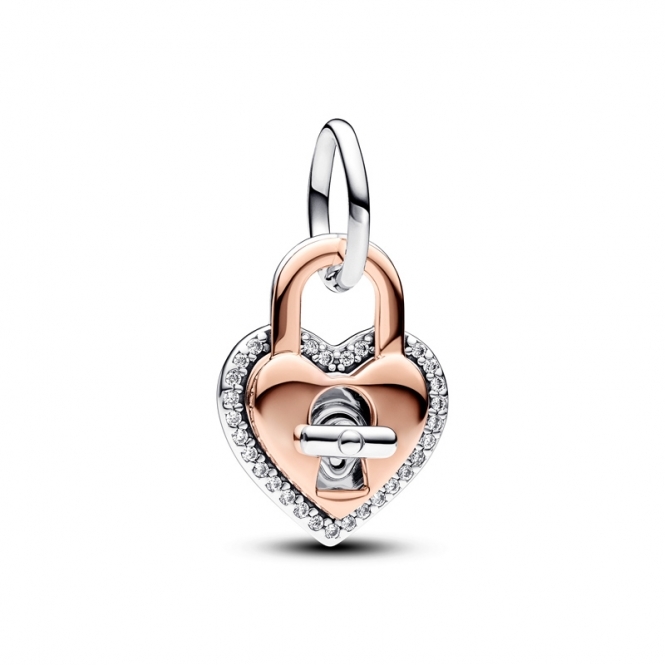 Pandora Two-tone Twistable Heart Padlock Double Dangle Charm