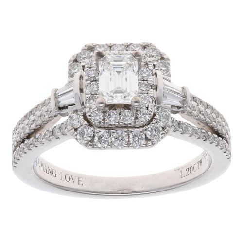 Vera Wang Platinum 1.20ct Emerald Baguette and Brilliant Cut Diamond Cluster Ring