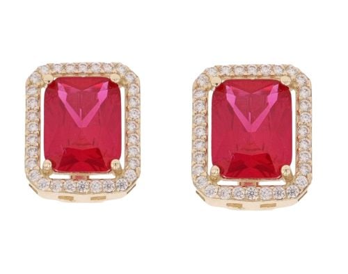 14ct Yellow Gold Cubic Zirconia And Red Gemstone Cluster Earrings