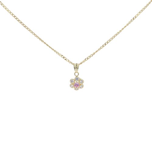 14ct Yellow Gold Cubic Zirconia And Pink Stone Flower Cluster Pendant And 18" Chain