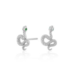 Scream Pretty Snake Stud Earrings with Green Eyes - Silver