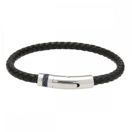 Unique and Co Mens Black Leather bracelet - Steel Clasp with Denim Inlay