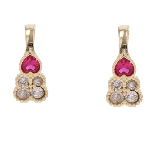 14ct Yellow Gold Cubic Zirconia And Red Gemstone Heart Earrings