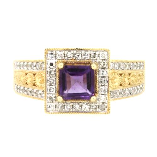 9ct Yellow Gold Diamond And Amethyst Ring