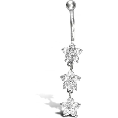 9ct White Gold Cubic Zirconia Flower Belly Bar Dropper