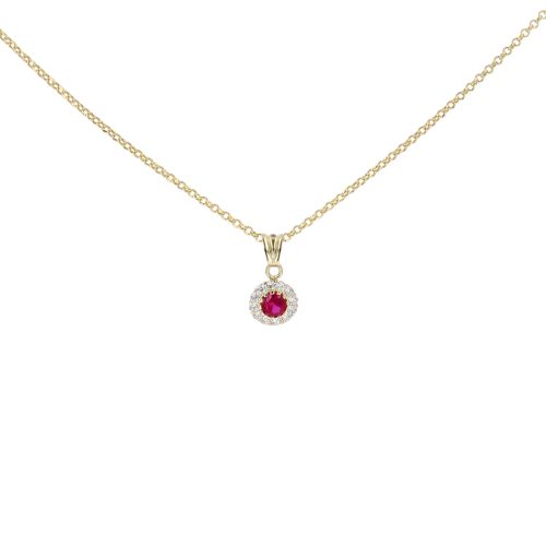 14ct Yellow Gold Cubic Zirconia And Red Stone Cluster Pendant And 18" Chain